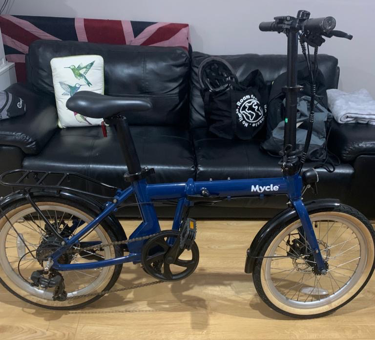 Mycle Compact Folding Electric Bike - Blue Frame | Black Grips | Black Saddle | TanWall Tyres 2021