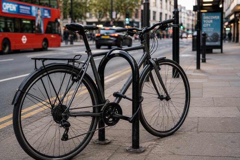 Used commuter bike secured with a D-lock to a city cycle on a busy street showcasing bike safety and security