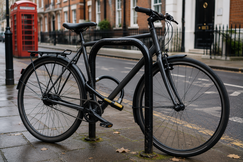 a used city bike secured with a chunky D-lock to a fixed cycle stand on a UK street