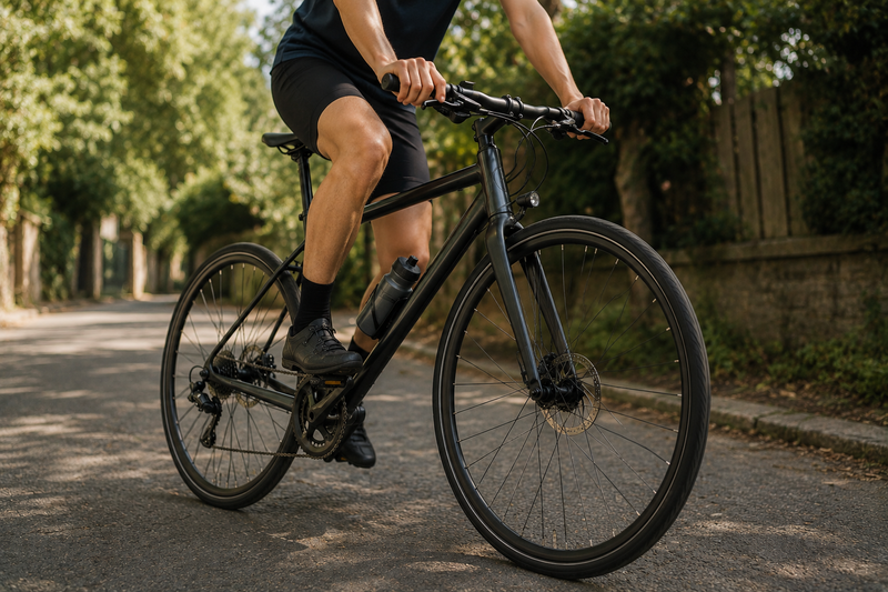 A rider on a used road bike mid test ride on a quiet street for buying purposes