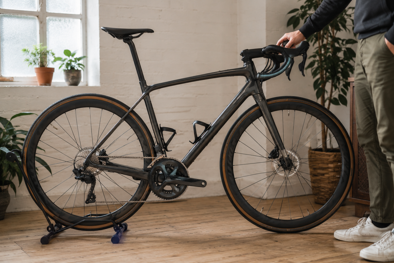 A value-focused road or gravel rider examining a used premium bike before buying