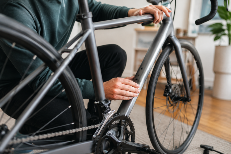 Cyclist inspecting bike up close before buying used bike 