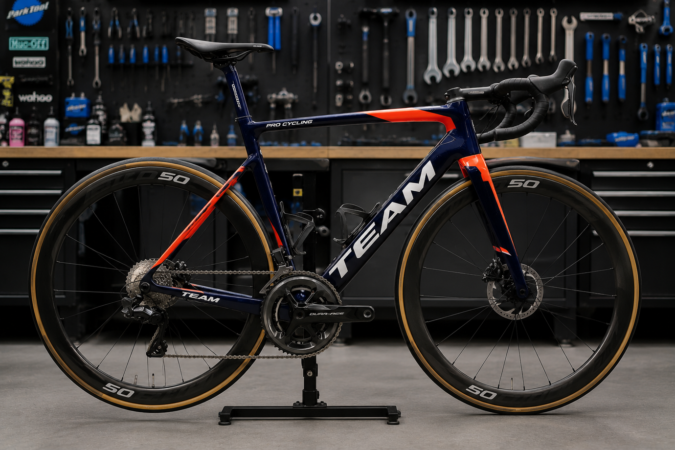 A used road bike in team livery photographed side-on in a workshop setting, showing race-spec wheels and drivetrain.