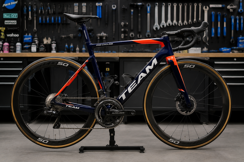 A used road bike in team livery photographed side-on in a workshop setting, showing race-spec wheels and drivetrain.