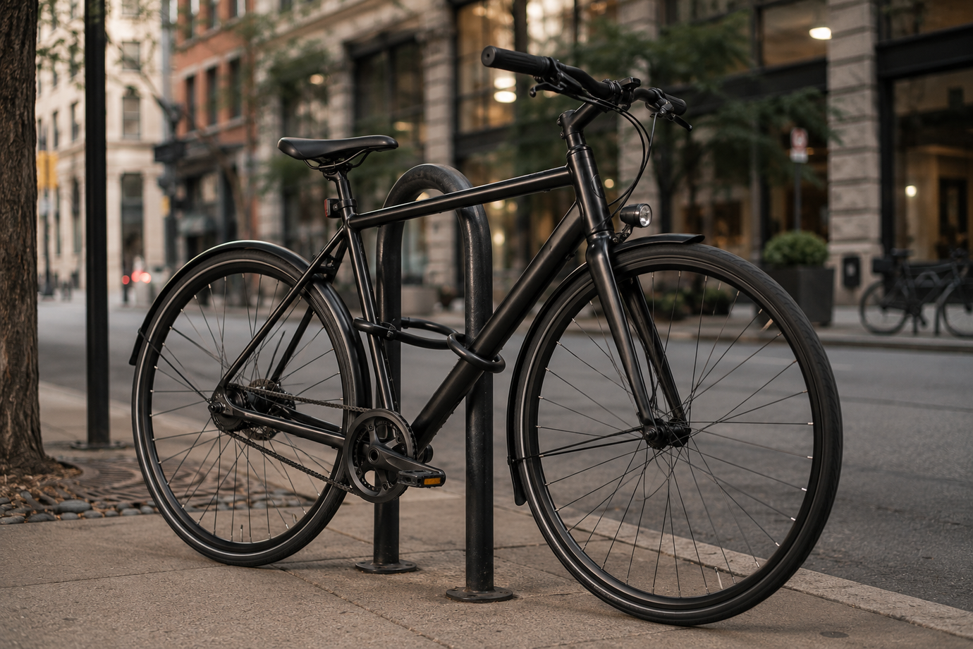 Premium used urban bike locked safely on bike rack in city street