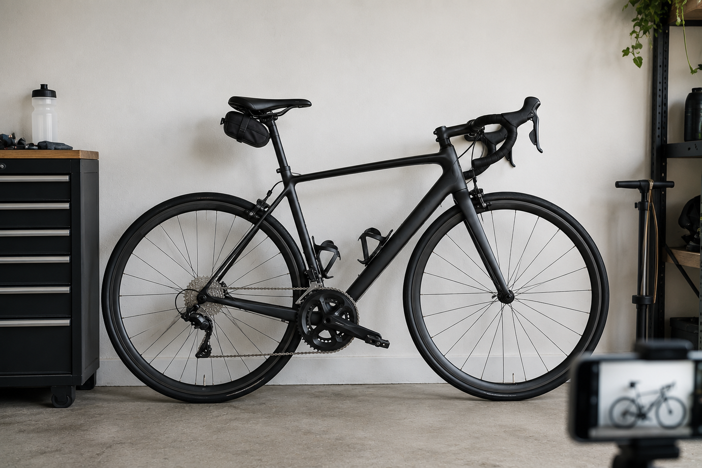 A clean bike propped against wall with phone in frame, photographing used bike for resale on marketplace
