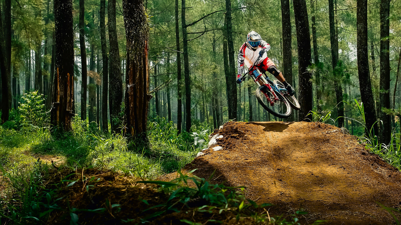 Mountain biker hitting a jump on a forest trail — discover quality second-hand mountain bikes at MyNextBike.co.uk.
