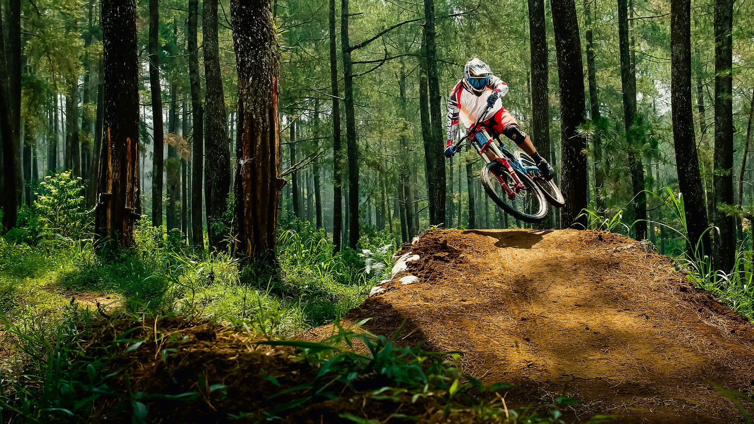 Mountain biker hitting a jump on a forest trail — discover quality second-hand mountain bikes at MyNextBike.co.uk.