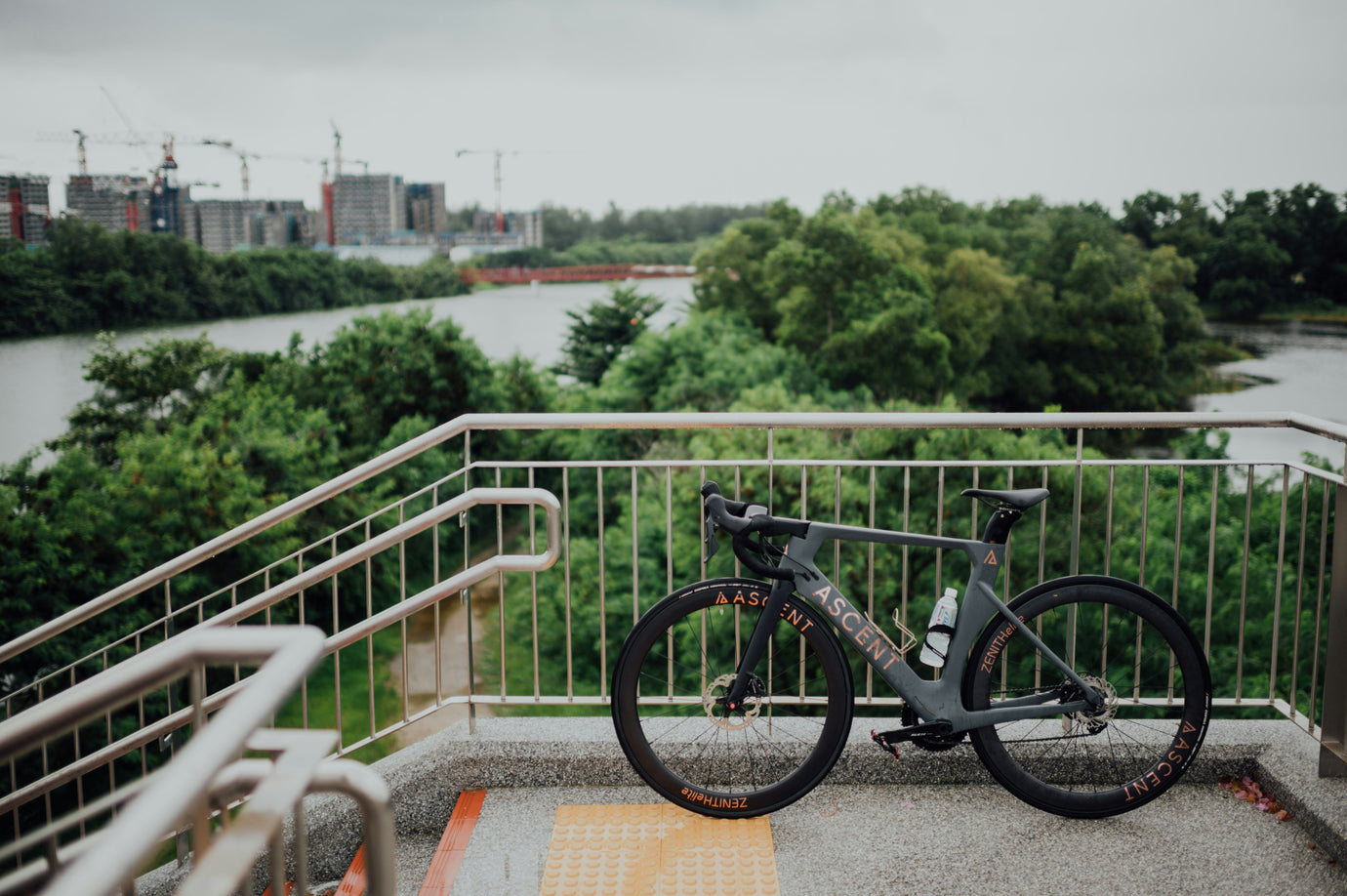 Road bike on a city overlook with river and greenery views, representing cycling lifestyle, performance bikes, and exploring urban cycling routes and outdoor adventures