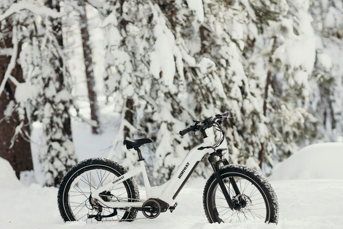Himiway fat-tyre electric mountain bike standing in a snow-covered forest, showcasing off-road winter riding capabilities -- sell without the stress at MyNextBike.co.uk. 