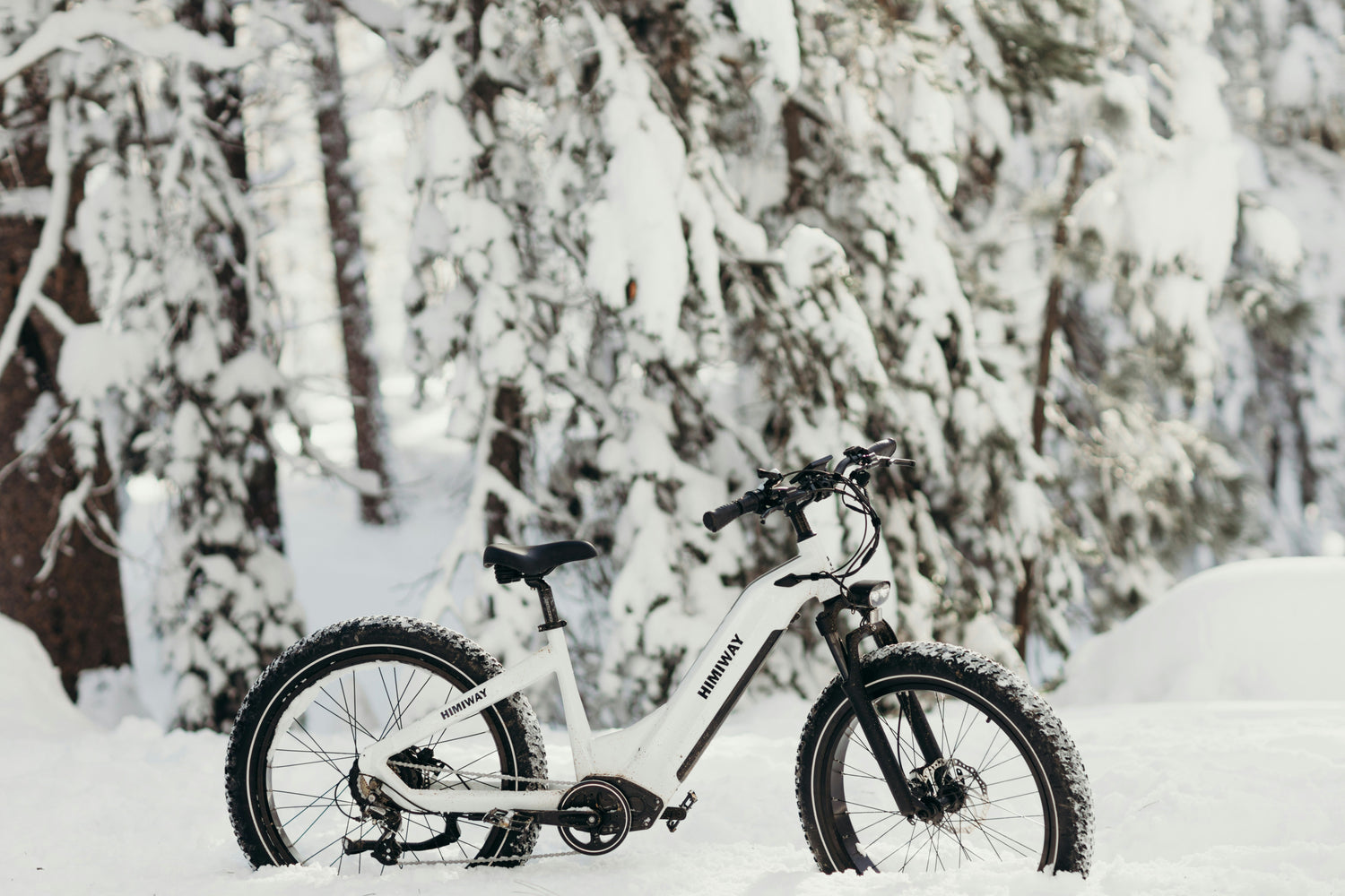 Himiway fat-tyre electric mountain bike standing in a snow-covered forest, showcasing off-road winter riding capabilities -- sell without the stress at MyNextBike.co.uk. 
