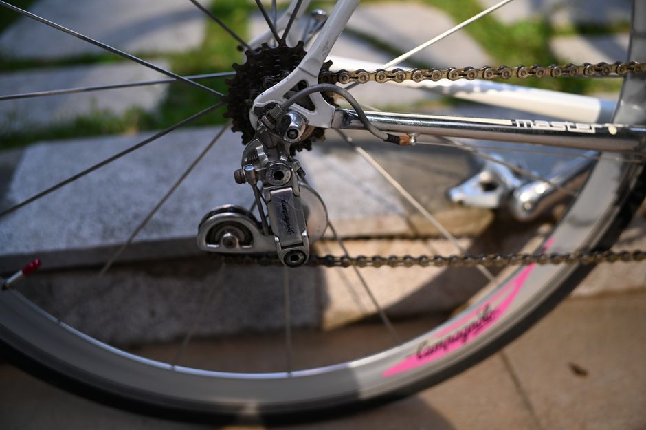 Detailed view of a bicycle gear and chain with a 'master' frame outdoors in daylight.
