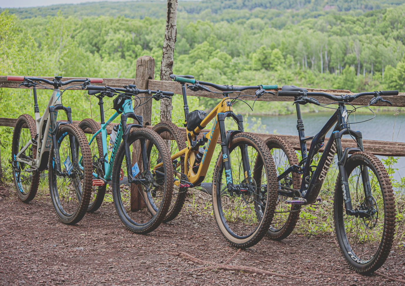 Hardtail vs full suspension mountain bikes lined up on a woodland trail, comparing mountain bike suspension styles for trail riding.
