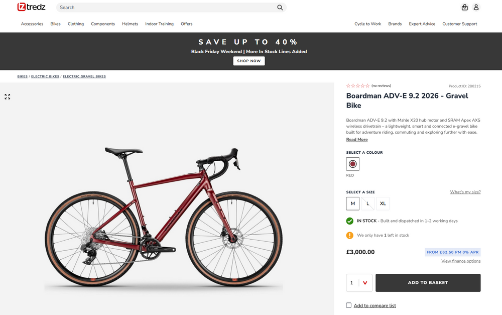 Boardman ADV-E 9.2 adventure bicycle size M frame and RED AXS groupset BRAND NEW