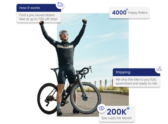 Man celebrating with a bicycle, surrounded by text about bike sales and features.