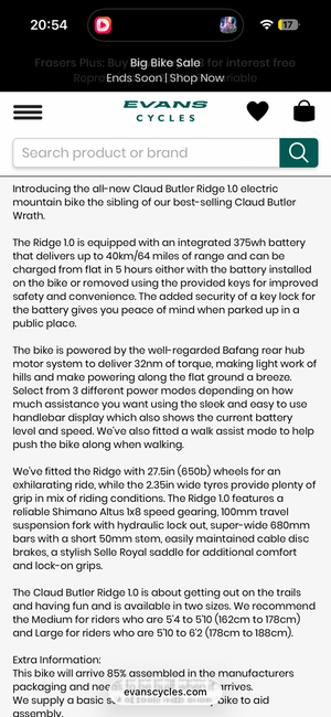 Claud Butler Claud Butler Ridge 1.0 Electric Mountain Bike 2026