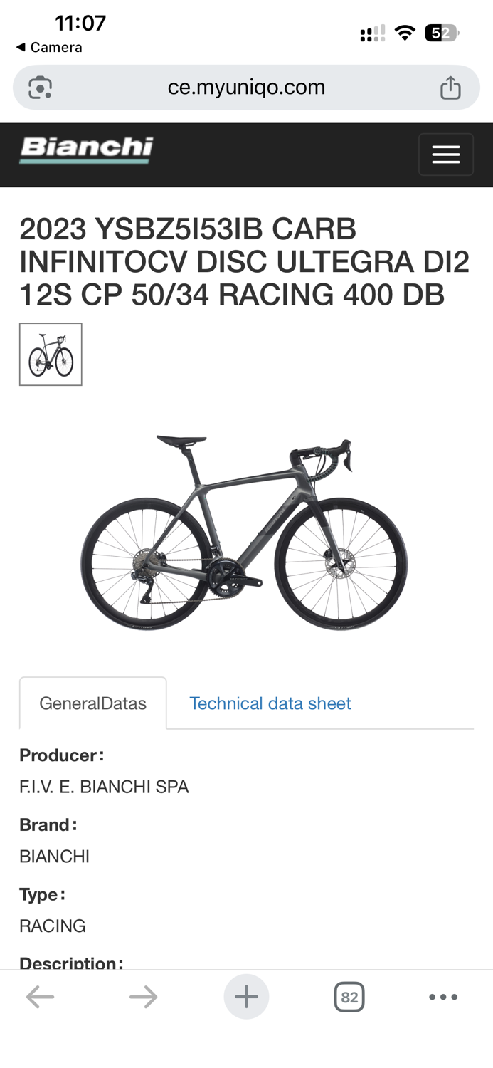 Bianchi INFINITOCV DISC ULTEGRA DI2 12S CP 50/34 2023