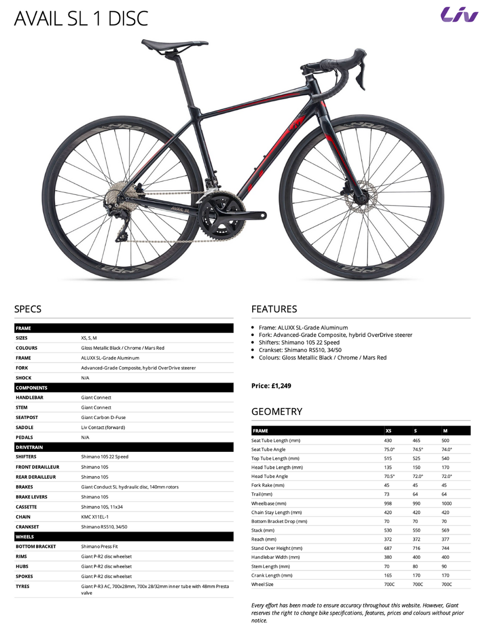 Liv Avail SL 1 Disc 2019