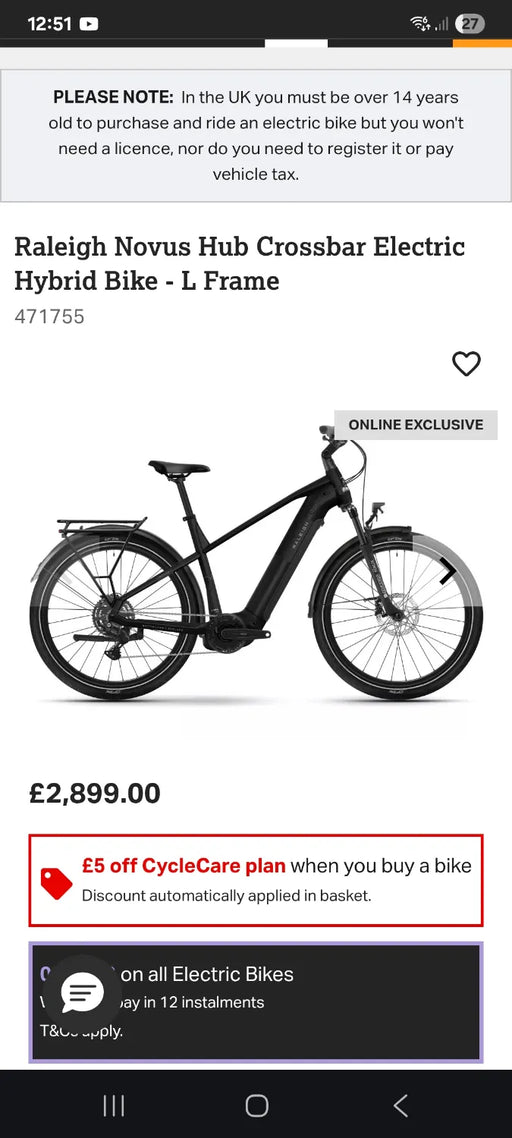 Raleigh Novus Hub Gear Crossbar 600wh 2026